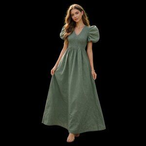 Women's Sage Green Smocked Puff Sleeve Maxi Dress with Slit, XL